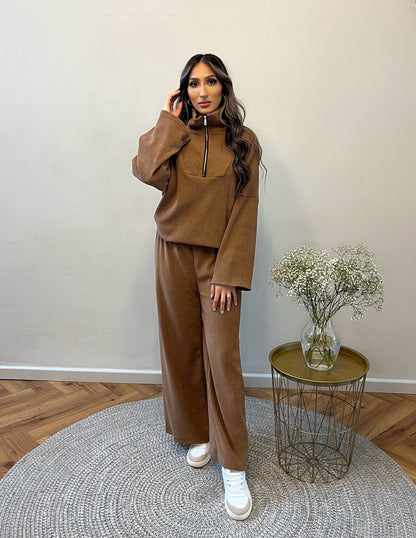 Nina Long Sleeve Half Zipped Ribbed Coord Set